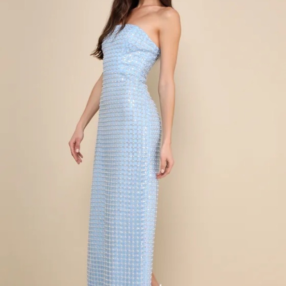 Lulus Perfectly Luxurious Light Blue Pearl Strapless Maxi Dress - Picture 4 of 10